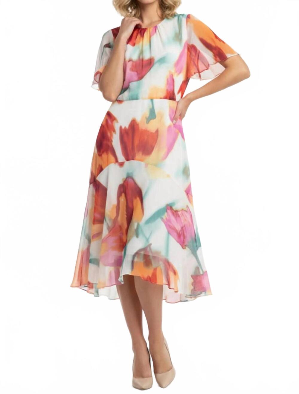 NEW MAGGY LONDON floral chiffon midi dress in cream cord